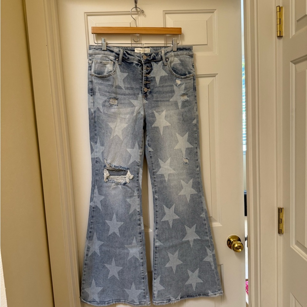 NWT Risen Blue Star Print Flare Jeans with Wide Leg